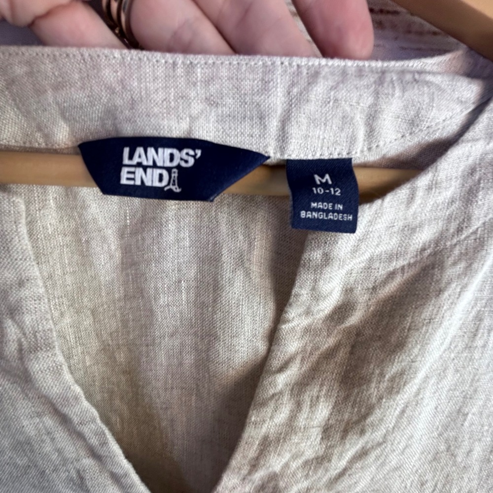 100% Linen Tunic Lands' End M Oatmeal Beige Top Boxy Pockets Lagenlook Boho Mori - Picture 2 of 11